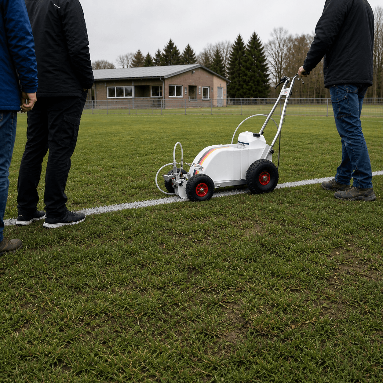 Sport-Lines Markiergerät zieht eine weiße Linie auf dem Vereinsplatz
